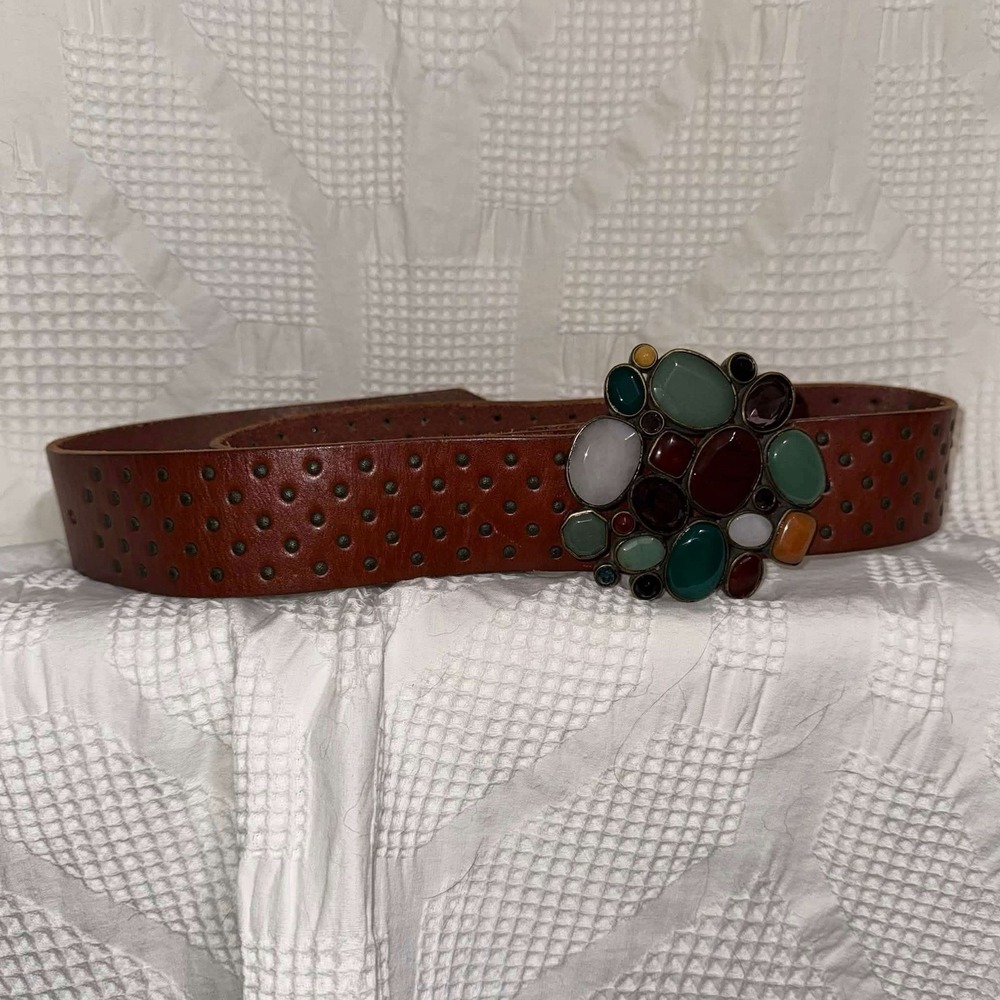 Lucky Brand Belt Brown Italian Leather Mosaic Stone Buckle Studded 30" Earthy